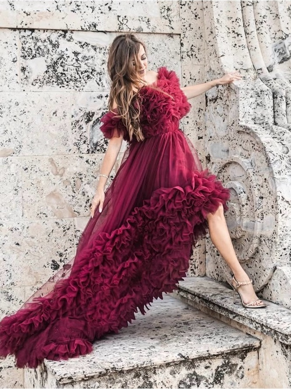 Amazon Burgundy Ruffled Tulle Prom Gown